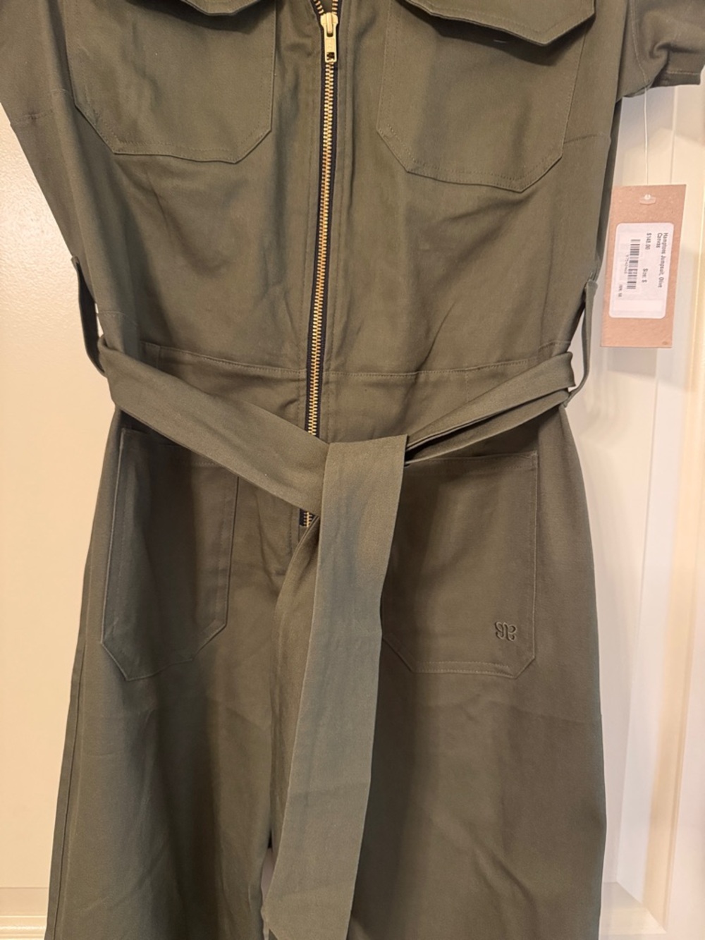 Short-Sleeve Olive Green Utility Jumpsuit with Front Zip - Picture 5 of 11